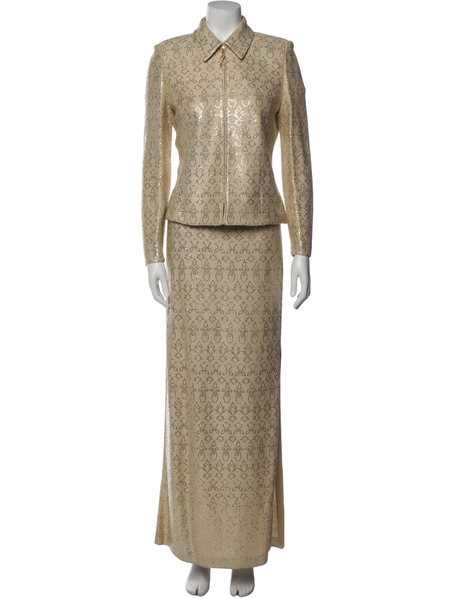 St. John Evening Printed Sequin Embellishments Skirt Suit