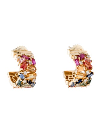 Suzanne Kalan 18K Multi Sapphire & Diamond Rainbow Hoop Earrings