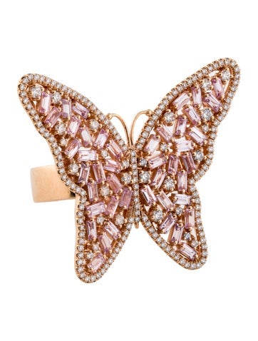 Suzanne Kalan Cocktail Ring 18K Pink Sapphire & Diamond Butterfly 6.25