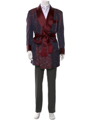 Pre-owned Sulka Printed Fringe Trim Accent Robe In Red