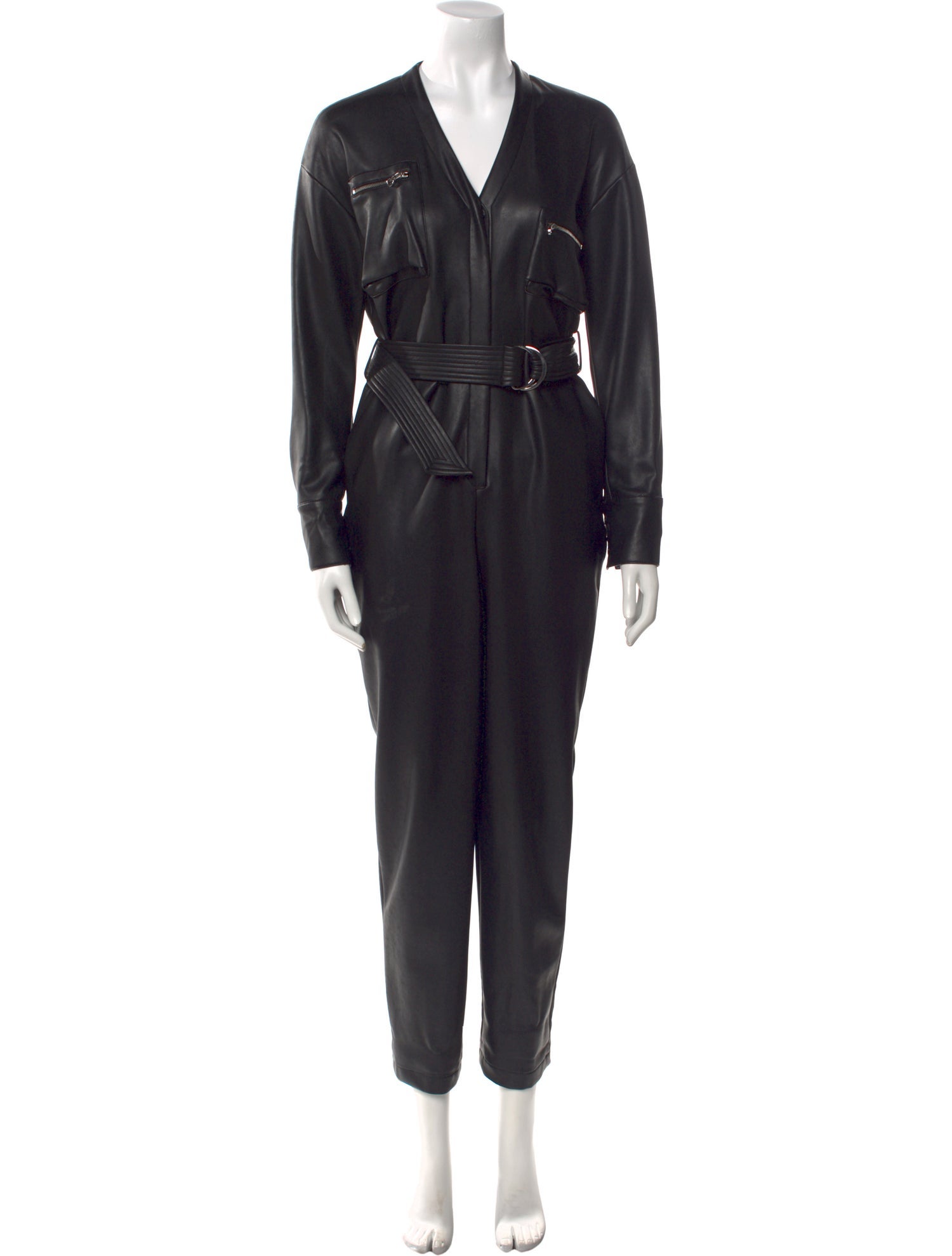LAPOINTE Faux Leather V-Neck Jumpsuit