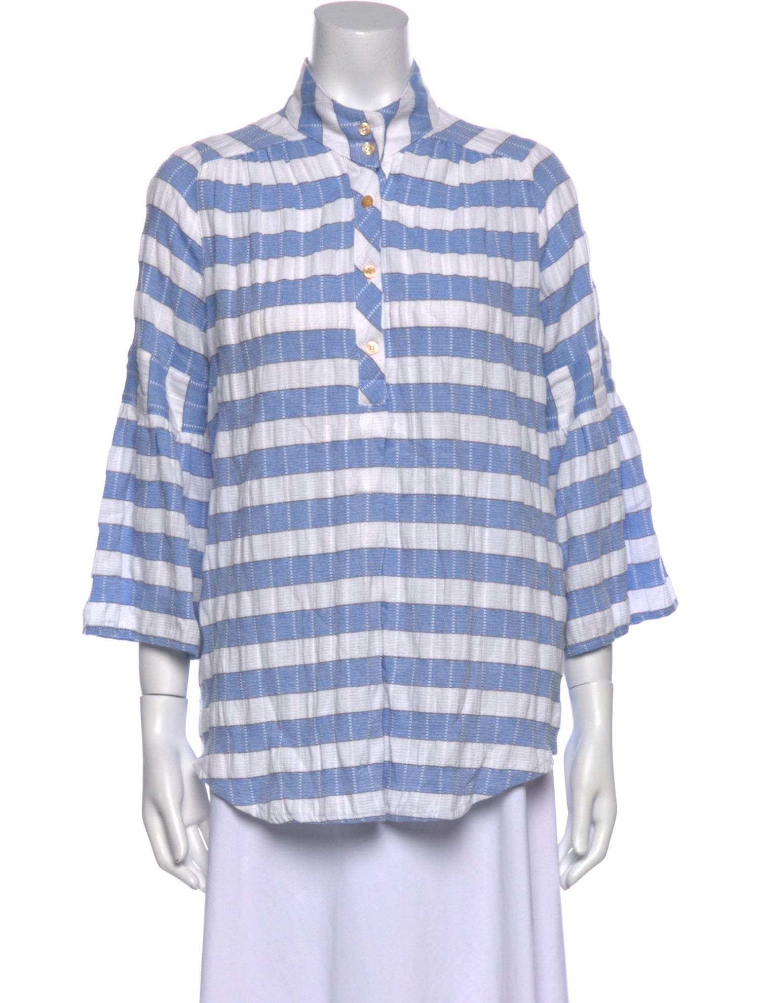 Smythe Striped Three-Quarter Sleeve Button-Up Top