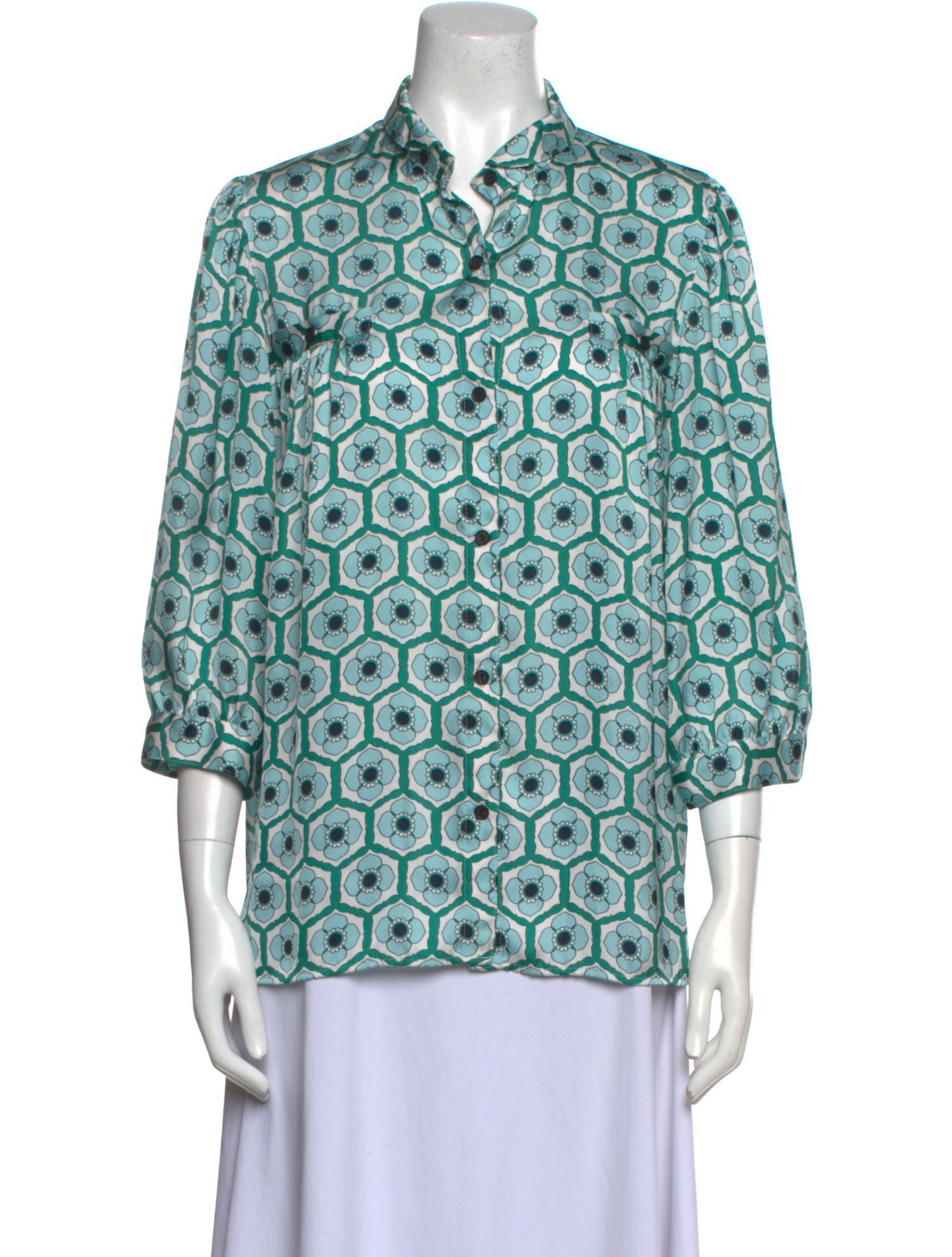 Smythe Printed Mock Neck Button-Up Top