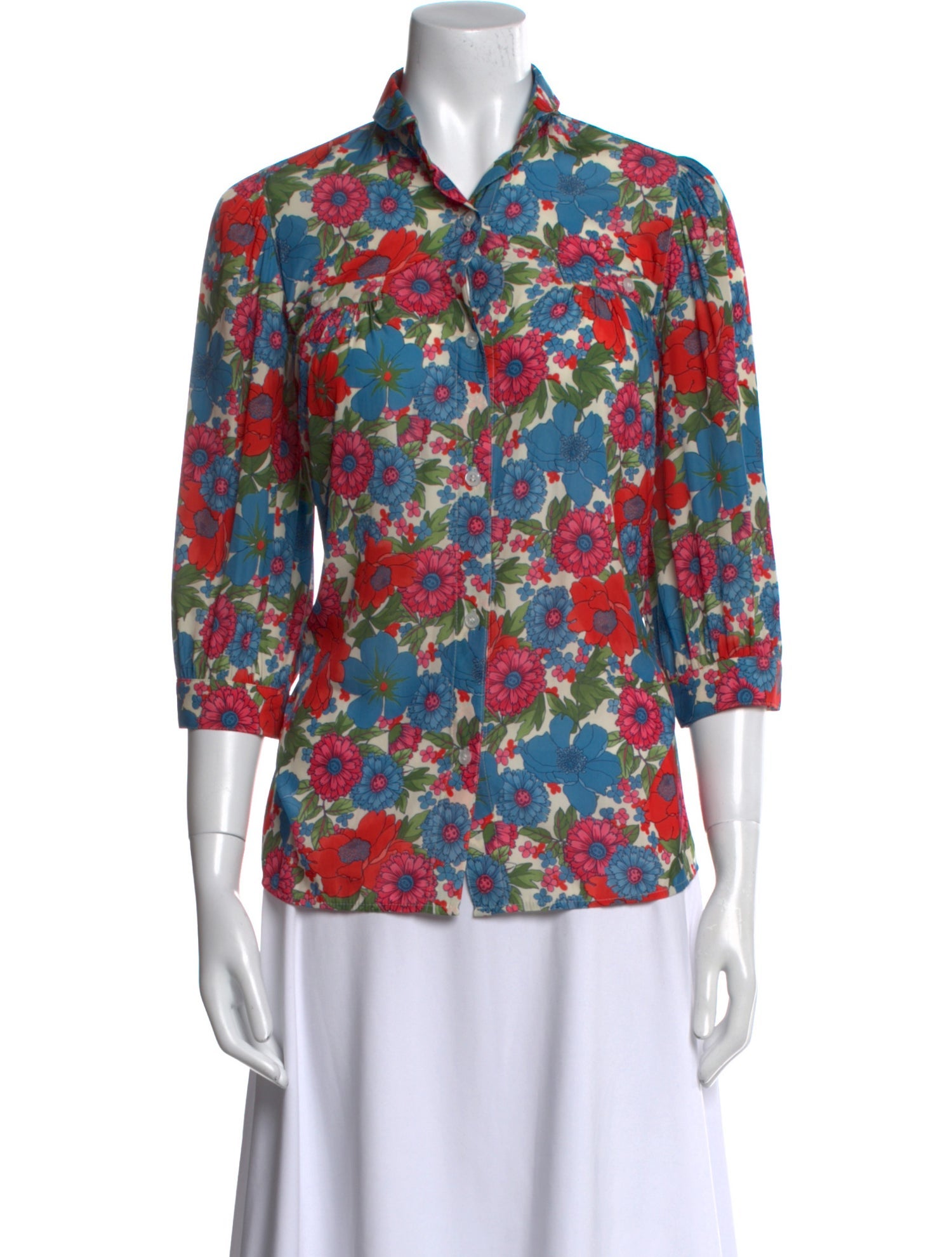 Smythe Floral Print Three-Quarter Sleeve Button-Up Top