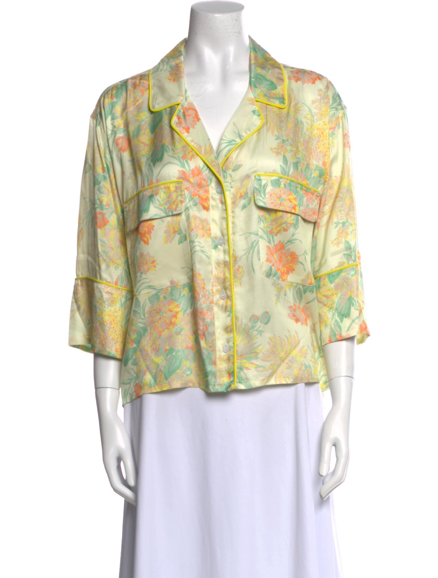 Smythe Floral Print Three-Quarter Sleeve Button-Up Top