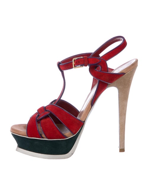 Saint Laurent Tribute Suede T-Strap Sandals Red