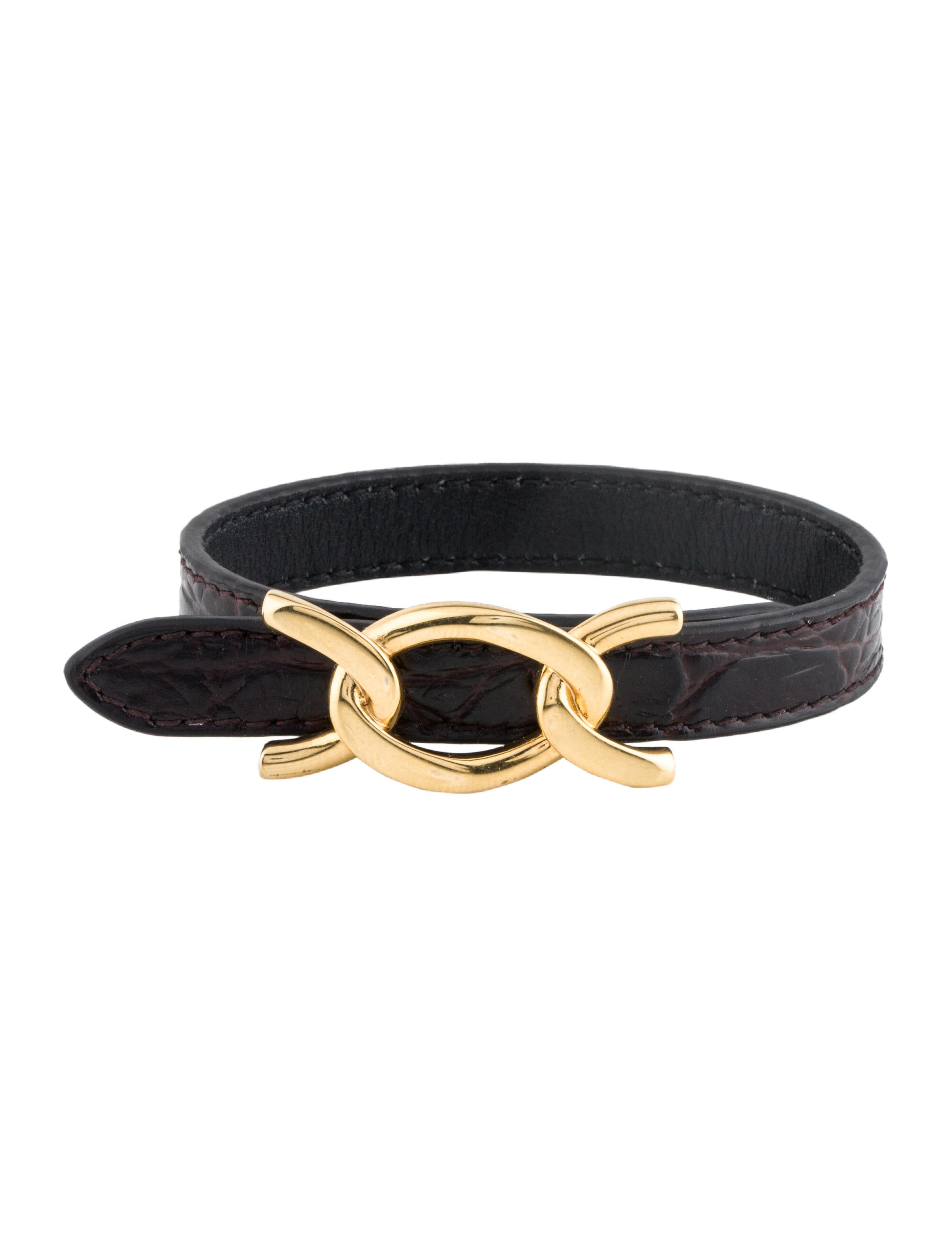 Saint Laurent Leather Crocodile Embossed Chain Link Wrap Bracelet Black, GoldTone Metal Wrap