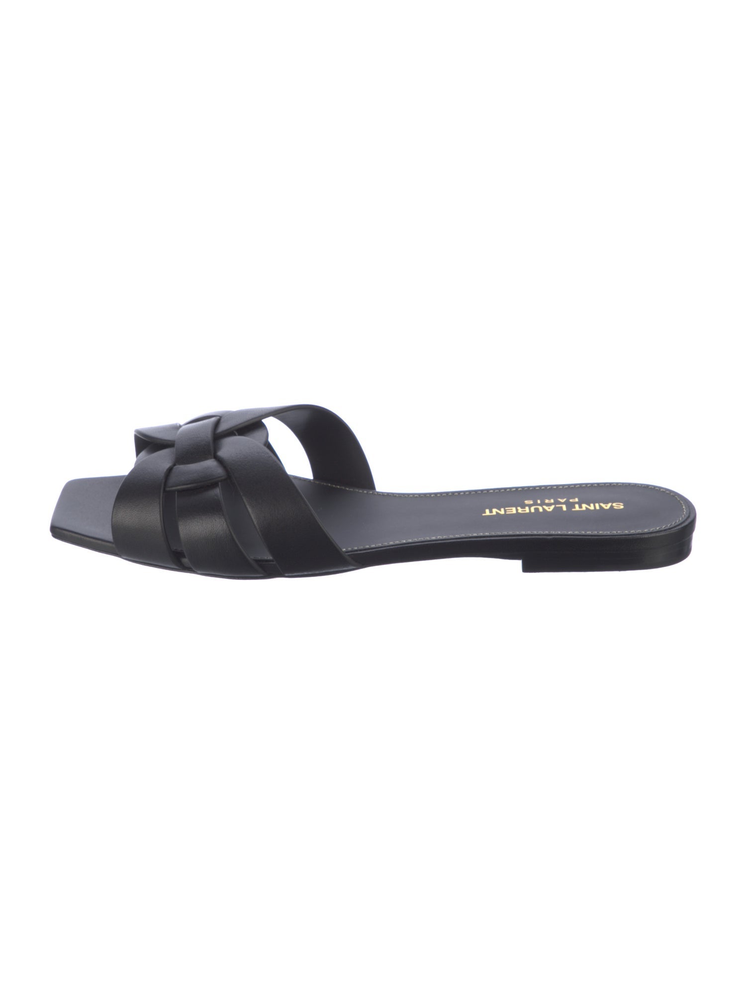 【SAINT LAURENT】Tribute black leather sliders Tribute Nu Pieds 05 leather slides in black - Saint Laurent