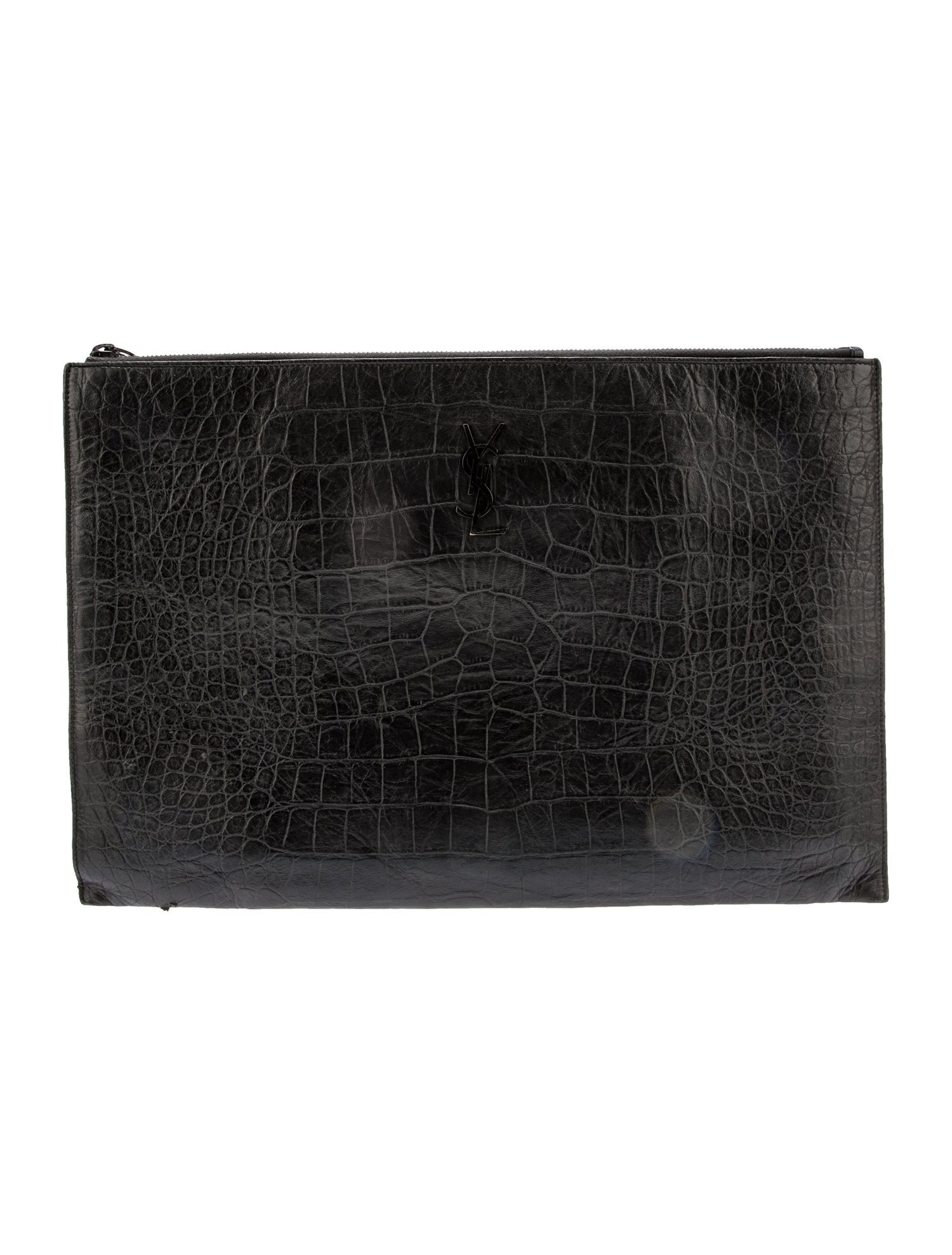 Saint Laurent Crocodile-Embossed Leather Monogram Pouch