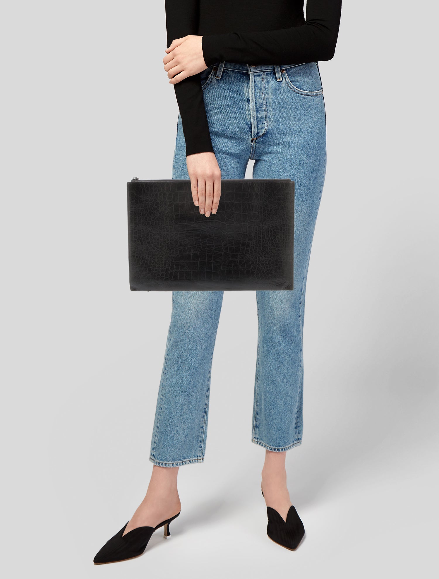 Saint Laurent Crocodile-Embossed Leather Monogram Pouch