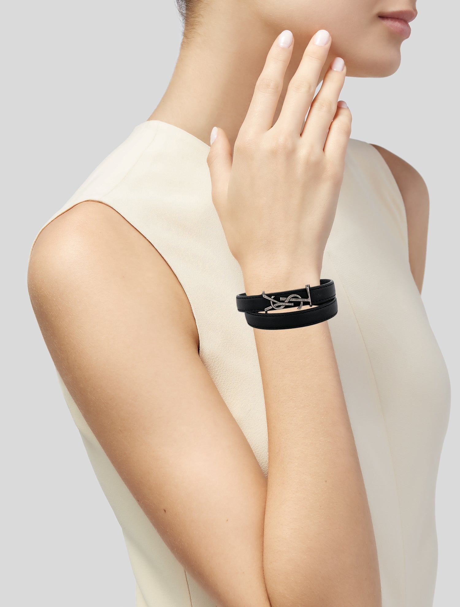 Saint Laurent Leather Cassandre Double Wrap Bracelet - Black