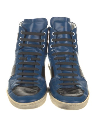 Saint Laurent Leather Colorblock Pattern Wedge Sneakers