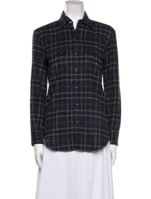 Saint Laurent Plaid Print Long Sleeve Button-Up Top