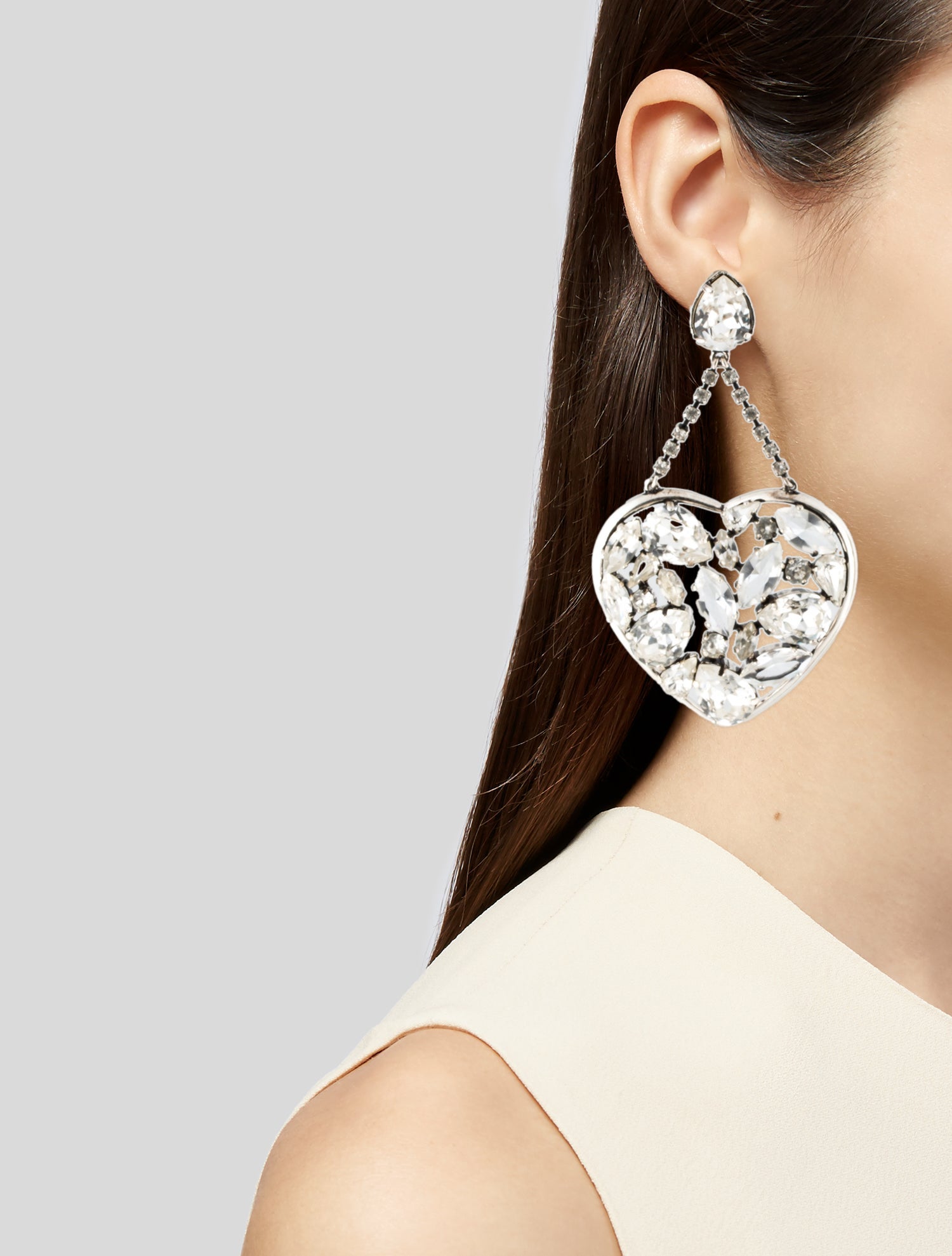 Saint Laurent Crystal Clip-On Heart Drop Earrings