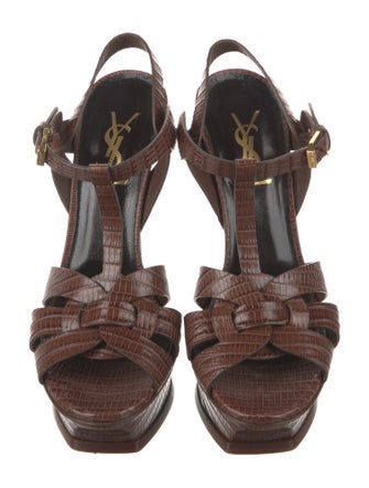 Saint Laurent Lizard Cutout Accent T-Strap Sandals