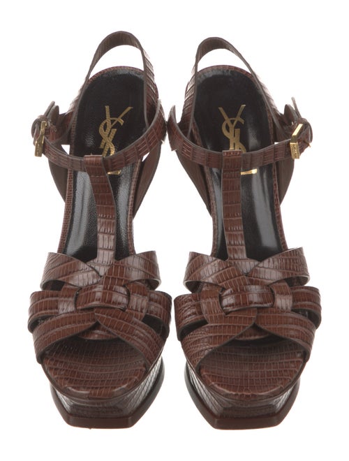 Saint Laurent Lizard Cutout Accent T-Strap Sandals