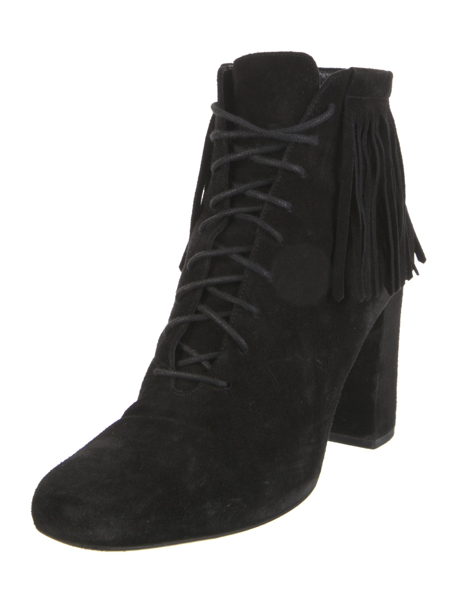 Saint Laurent Suede Fringe Trim Accent Lace-Up Boots
