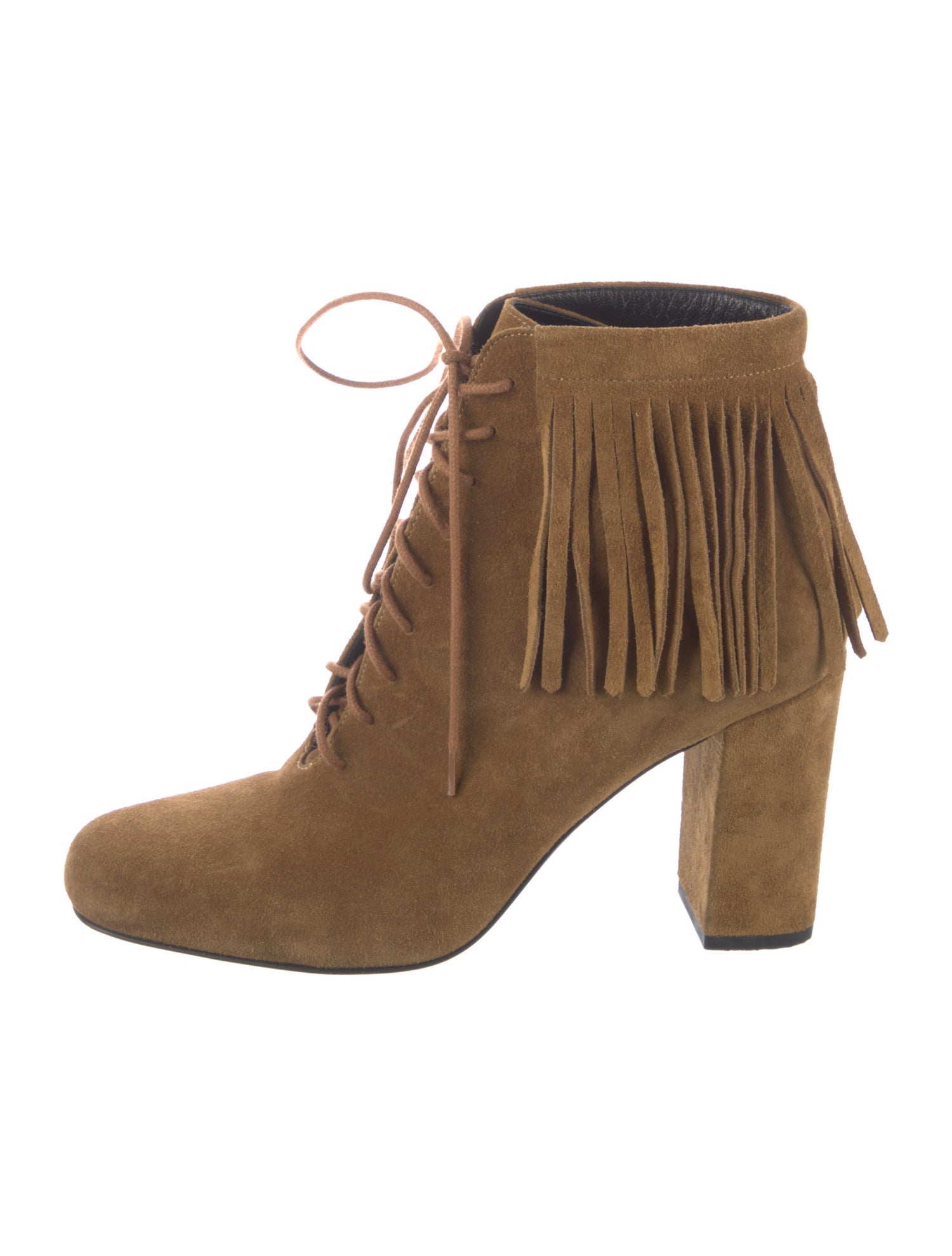 Saint Laurent Suede Fringe Trim Accent Lace-Up Boots