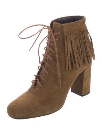 Saint Laurent Suede Fringe Trim Accent Lace-Up Boots