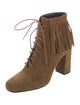 Saint Laurent Suede Fringe Trim Accent Lace-Up Boots