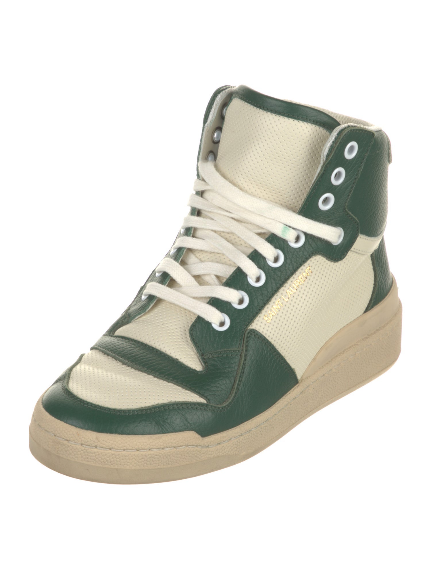 Saint Laurent Leather Colorblock Pattern Wedge Sneakers