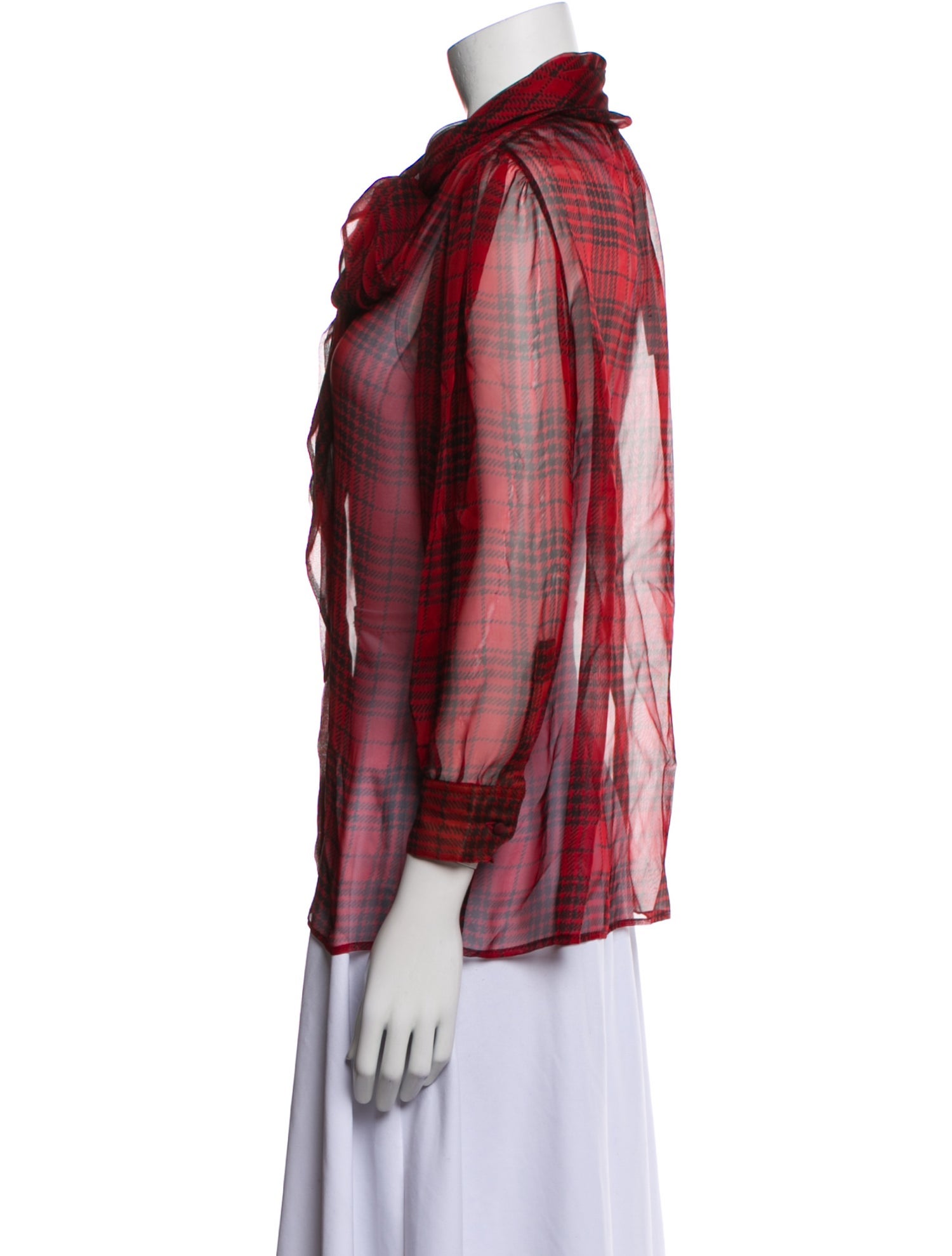 Saint Laurent Silk Plaid Print Button-Up Top