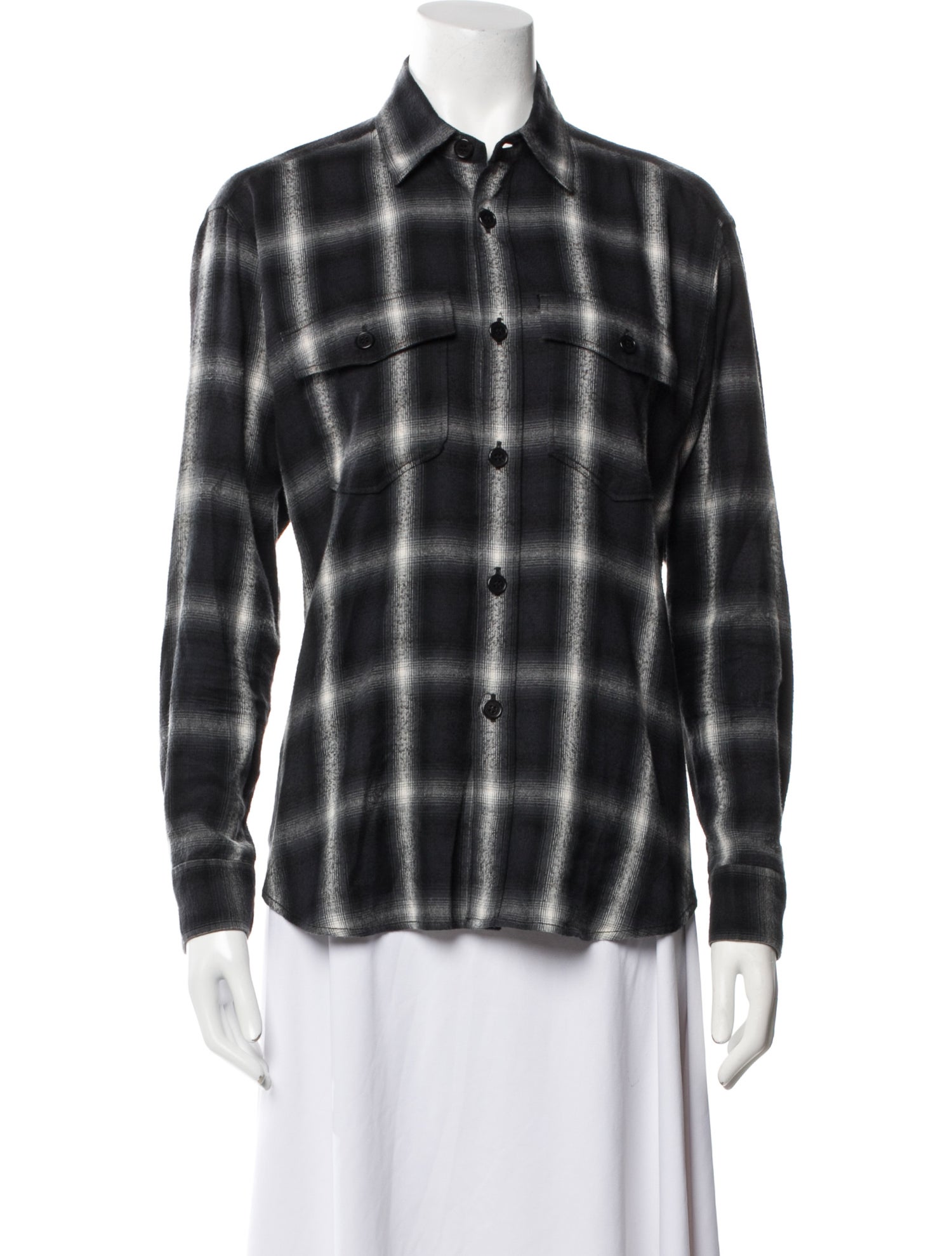 Saint Laurent Plaid Print Long Sleeve Button-Up Top