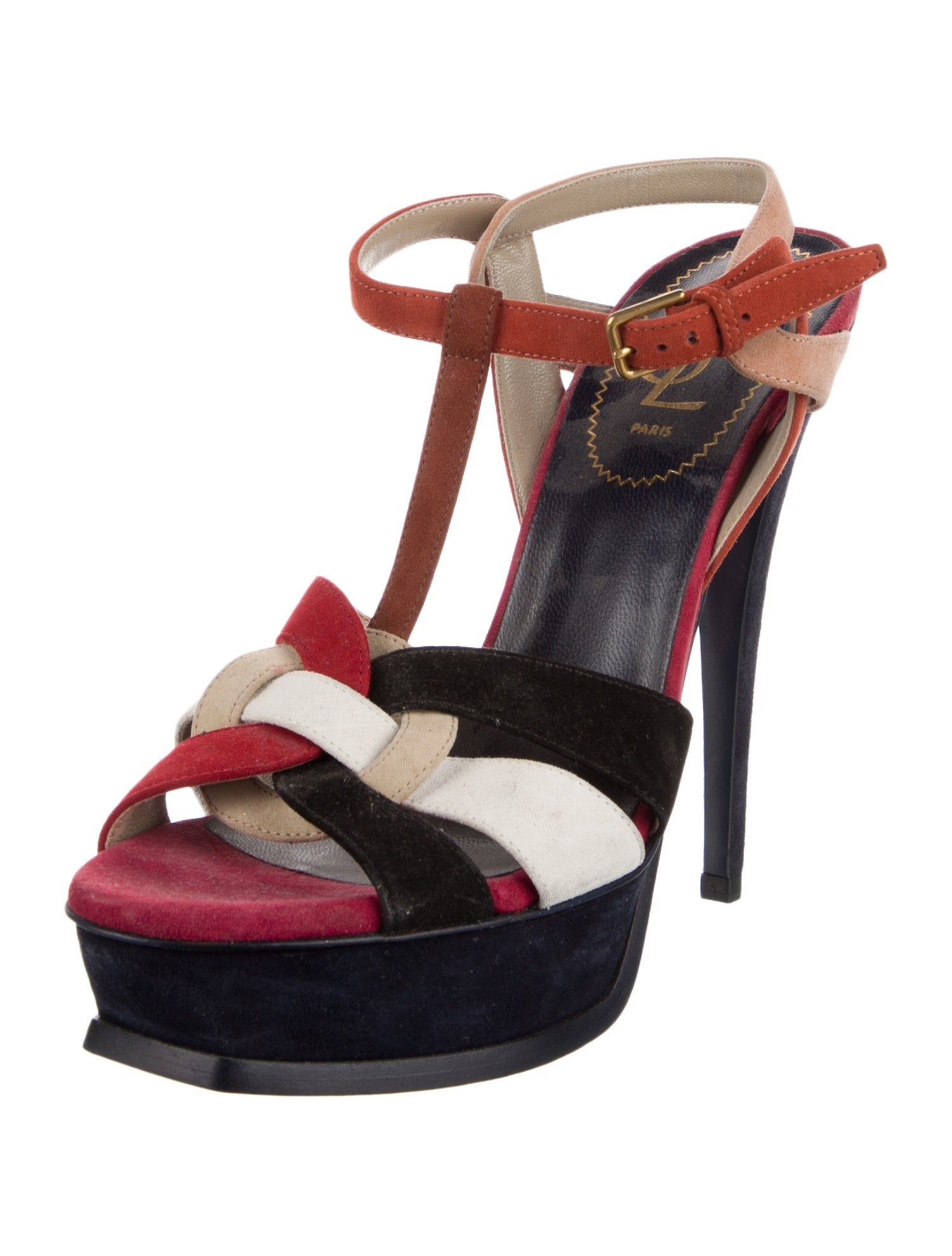 Saint Laurent Suede Colorblock Pattern T-Strap Sandals