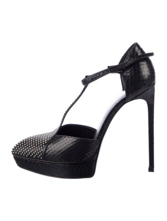 Saint Laurent Snakeskin Studded Accents T-Strap Pumps