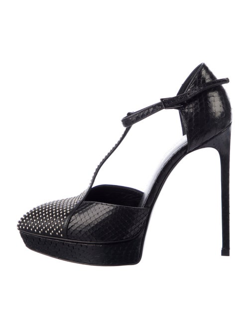 Saint Laurent Snakeskin Studded Accents T-Strap Pumps