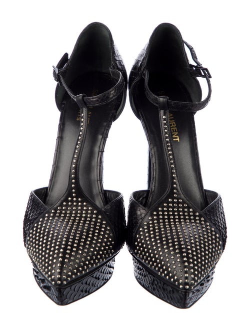 Saint Laurent Snakeskin Studded Accents T-Strap Pumps
