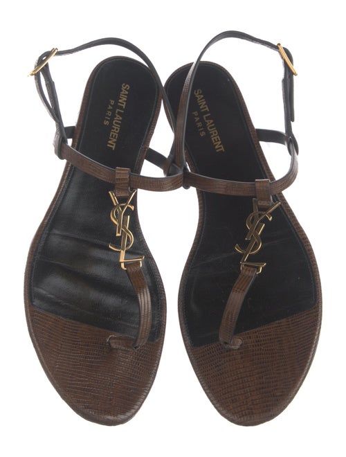 Saint Laurent Embossed Leather Crystal Embellishments T-Strap Sandals