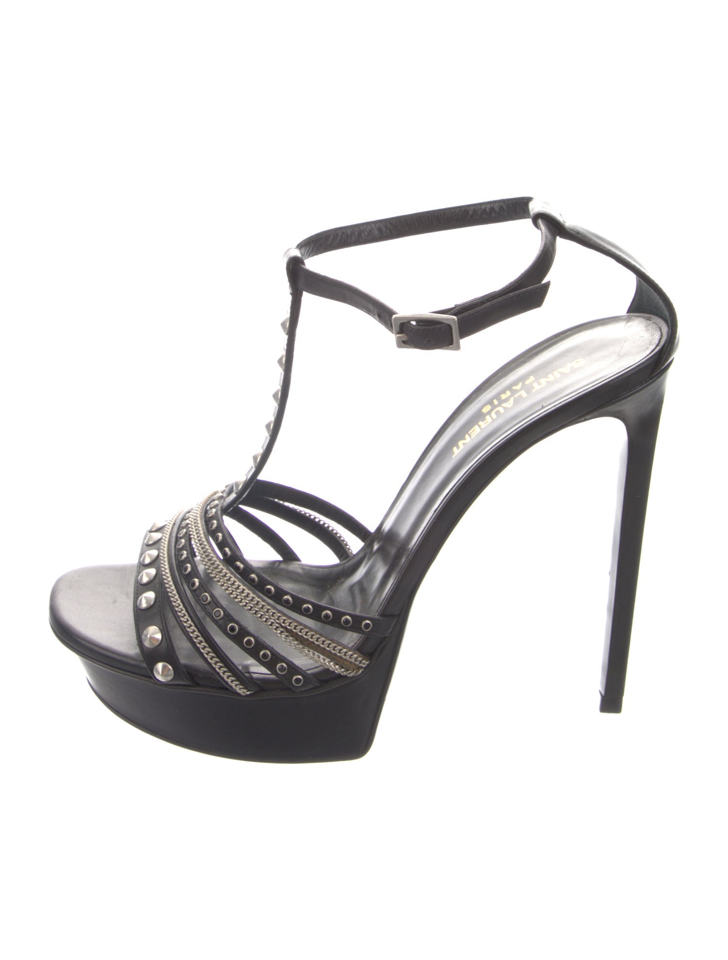 Saint Laurent Leather Chain-Link Accents T-Strap Sandals