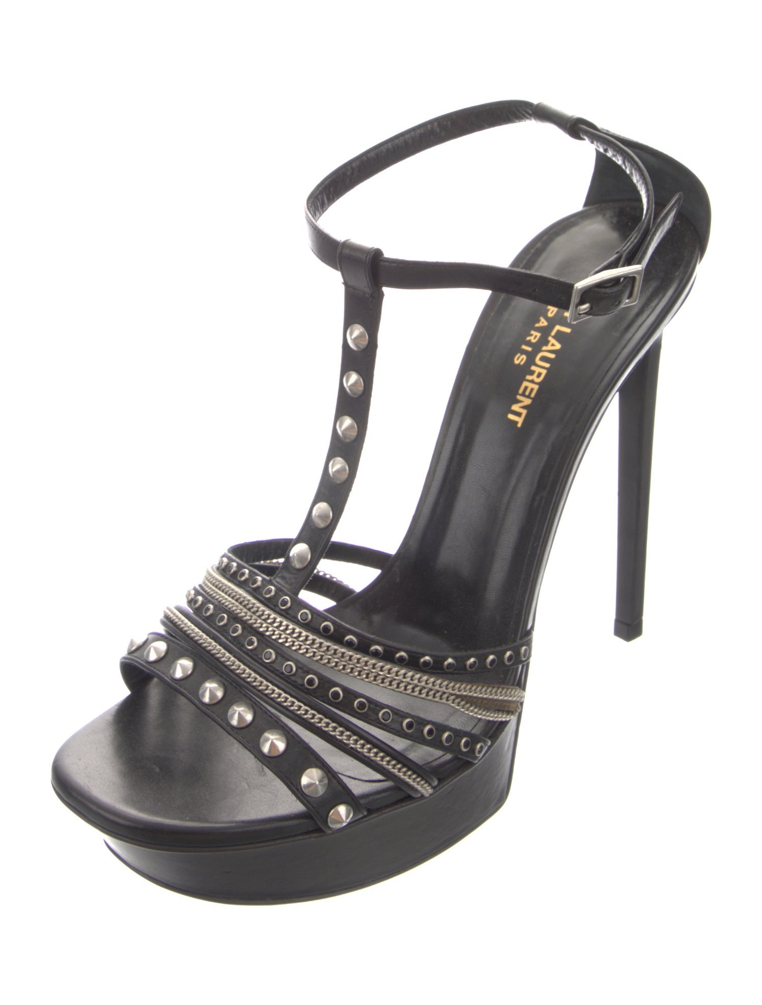 Saint Laurent Leather Chain-Link Accents T-Strap Sandals