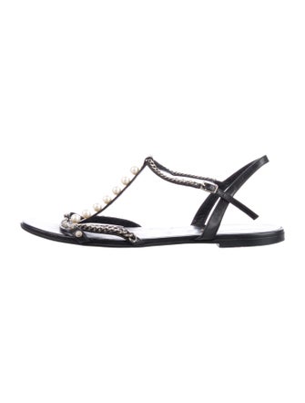 Saint Laurent Faux Pearl Accents Leather T-Strap Sandals
