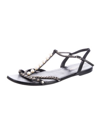 Saint Laurent Faux Pearl Accents Leather T-Strap Sandals