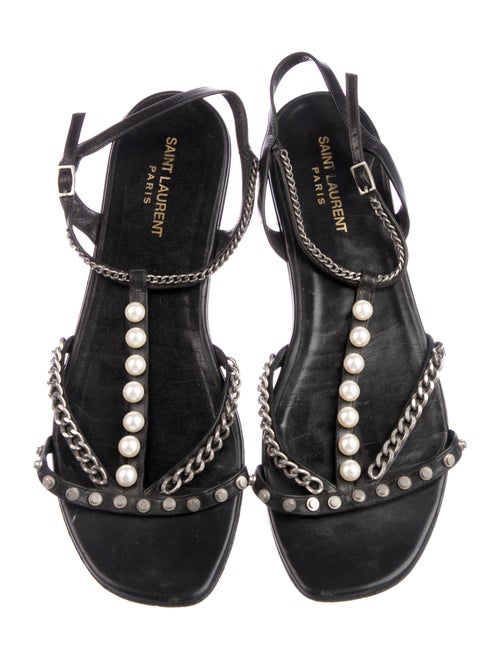 Saint Laurent Faux Pearl Accents Leather T-Strap Sandals