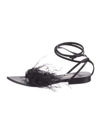 Saint Laurent Patent Leather Feather Trim Gladiator Sandals