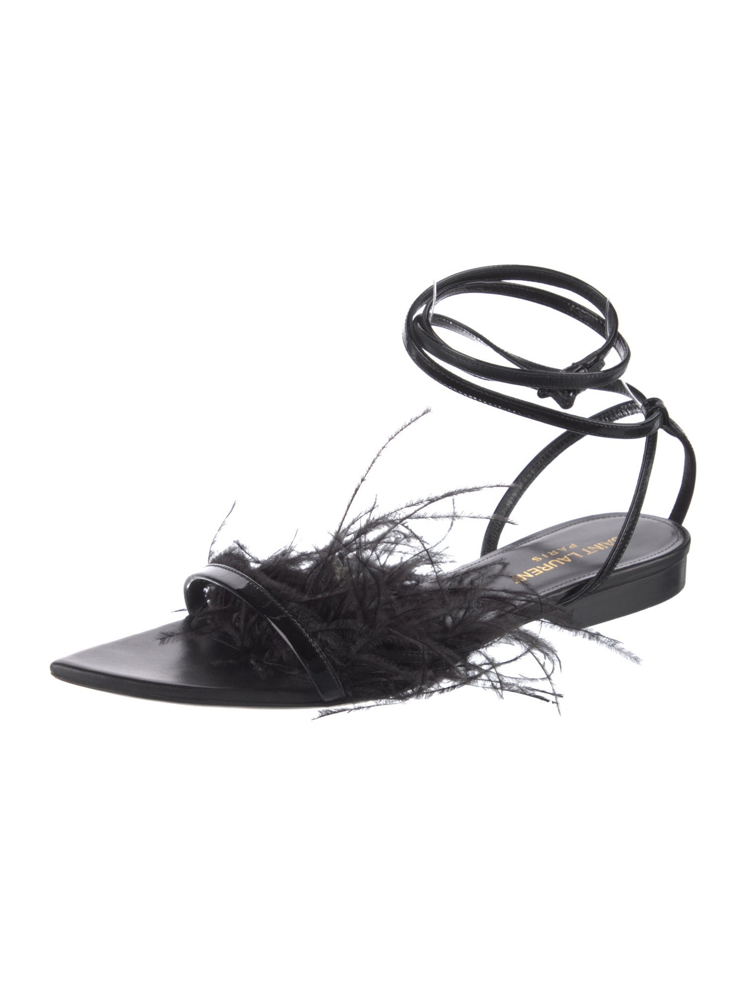 Saint Laurent Patent Leather Feather Trim Gladiator Sandals