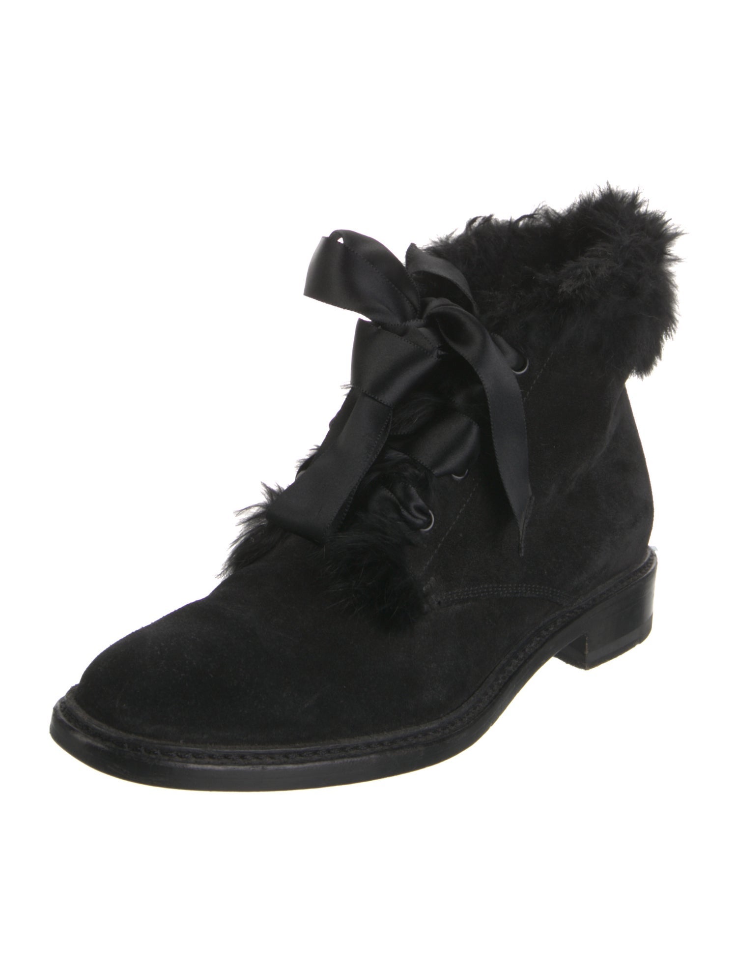 Saint Laurent Suede Fur Trim Lace-Up Boots