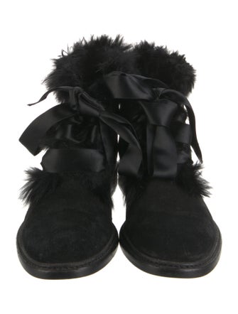 Saint Laurent Suede Fur Trim Lace-Up Boots