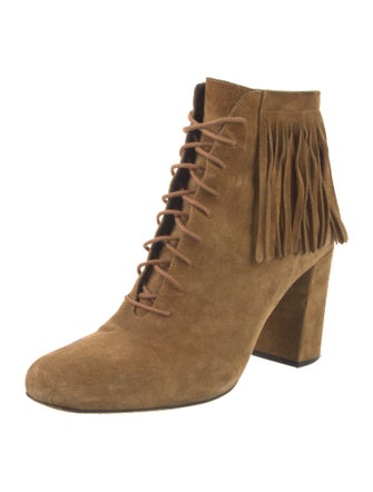 Saint Laurent Suede Fringe Trim Accent Lace-Up Boots