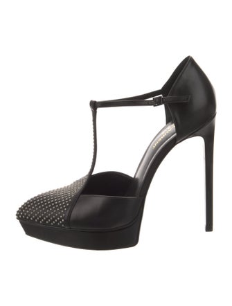 Saint Laurent Leather Studded Accents T-Strap Pumps
