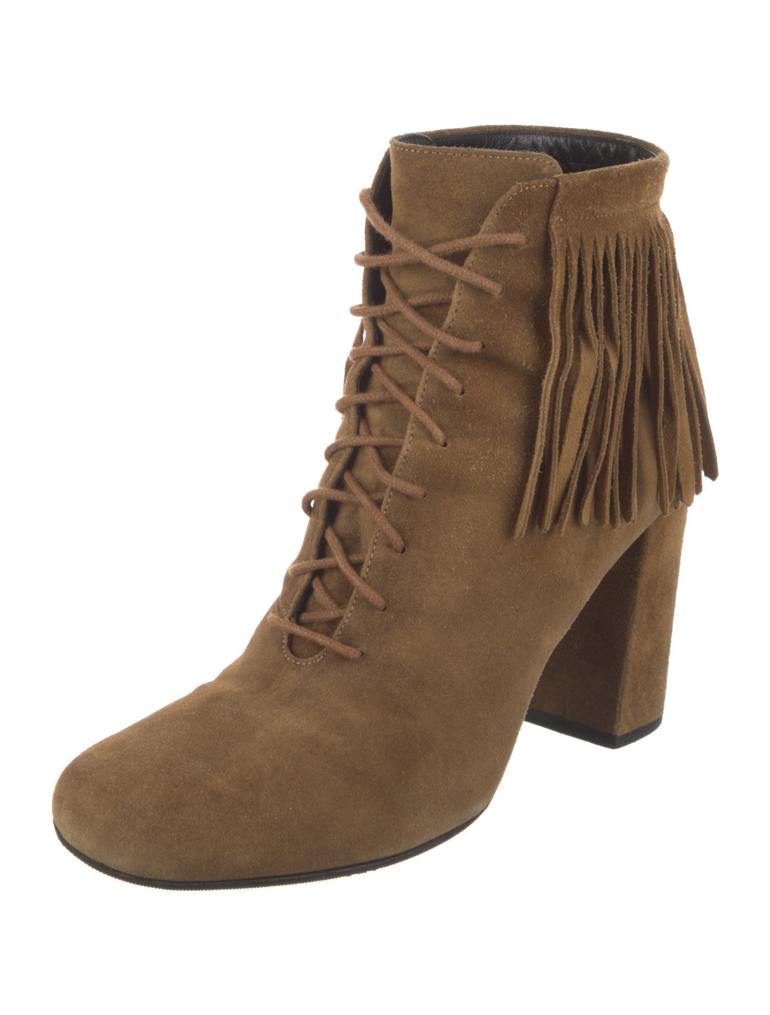 Saint Laurent Suede Fringe Trim Accent Lace-Up Boots