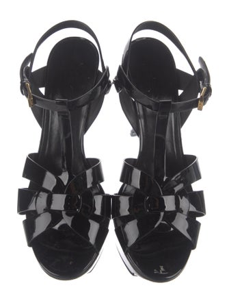 Saint Laurent Patent Leather Leather Trim Embellishment T-Strap Sandals