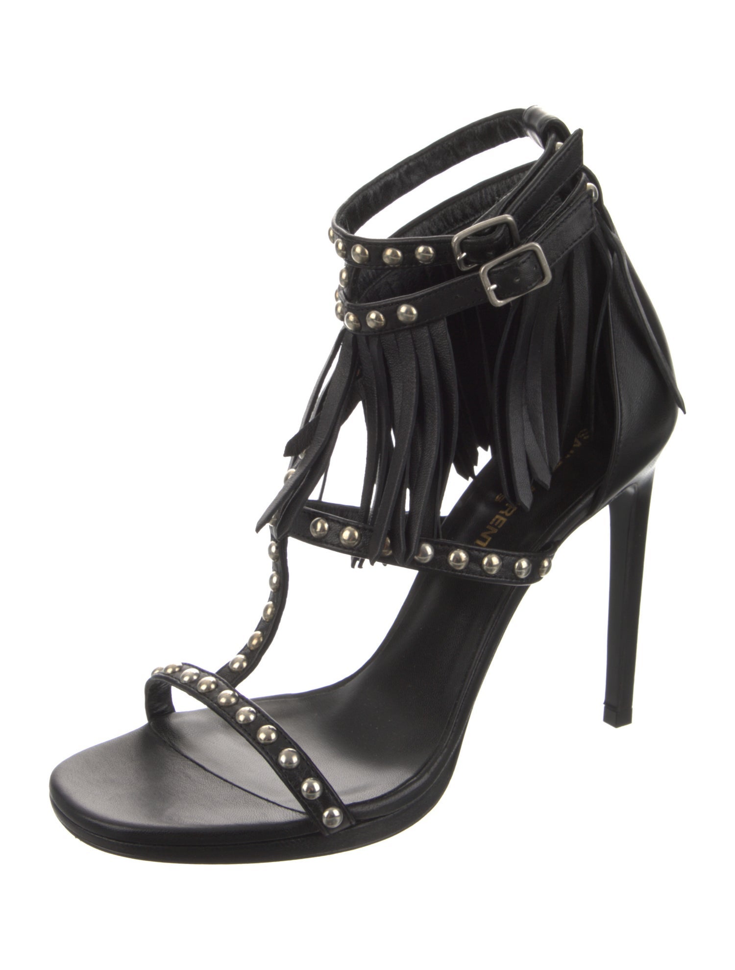 Saint Laurent Leather Studded Accents T-Strap Sandals