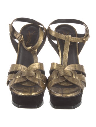 Saint Laurent Leather Colorblock Pattern T-Strap Sandals