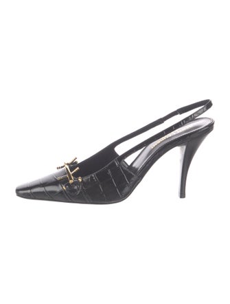 Saint Laurent Horsebit Accent Embossed Leather Slingback Pumps