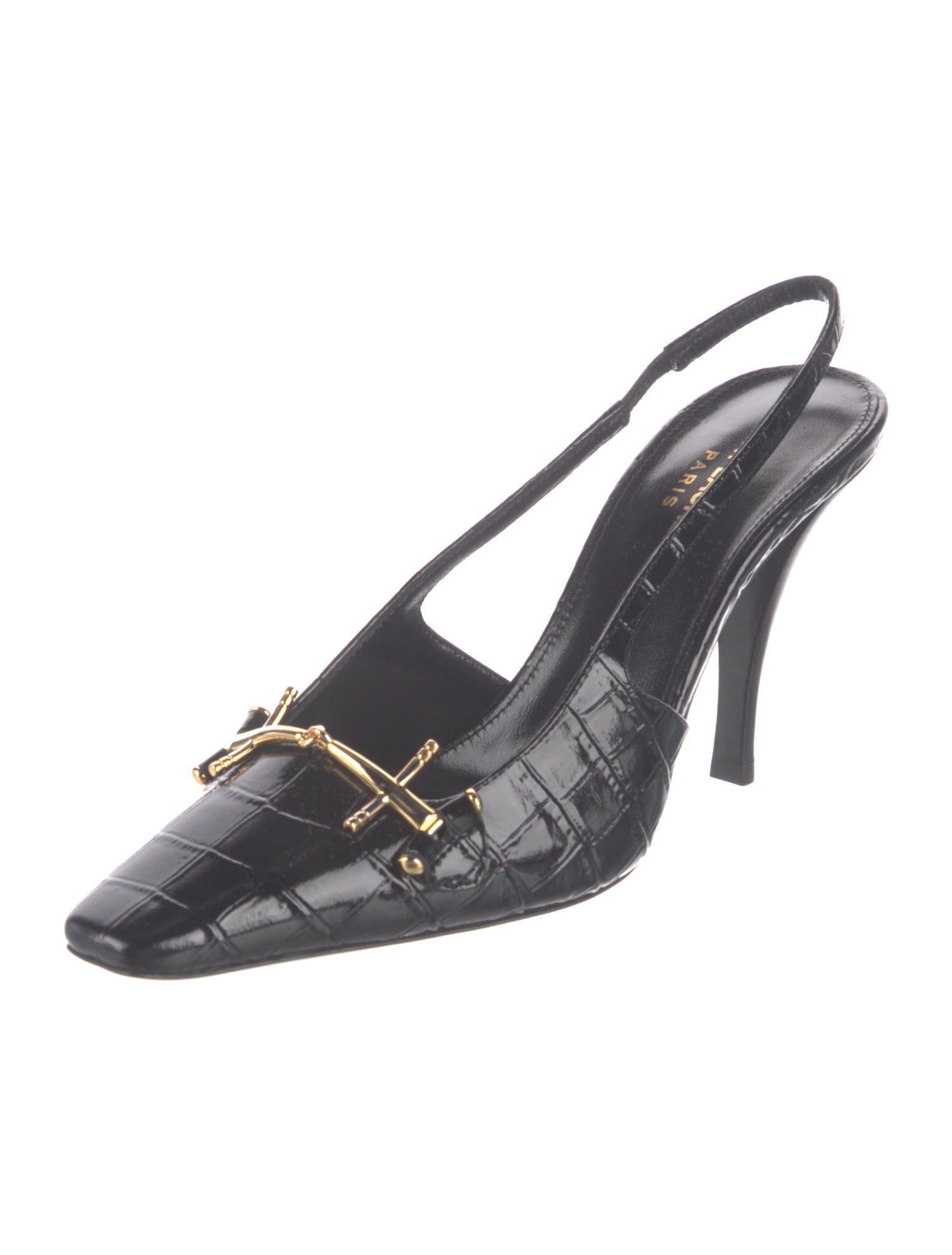 Saint Laurent Horsebit Accent Embossed Leather Slingback Pumps
