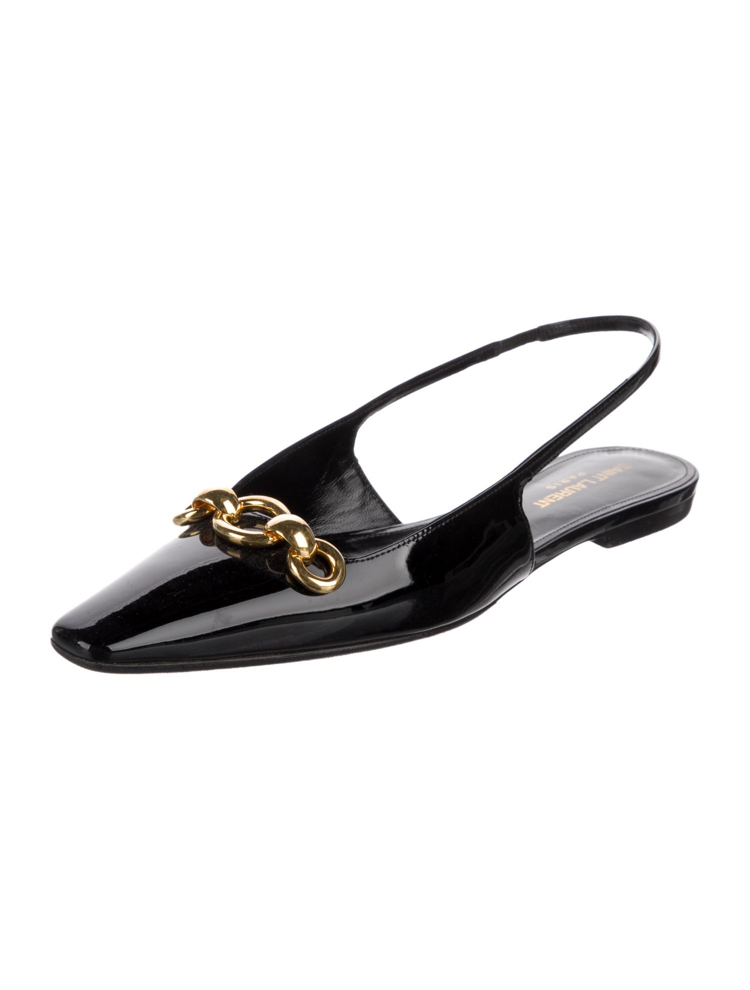 Saint Laurent Patent Leather Chain-Link Accents Slingback Flats